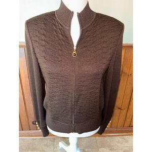 Womens St. John Brown Textured Pique Knit Full Zip Cardigan‎ Sweater Buttons 6